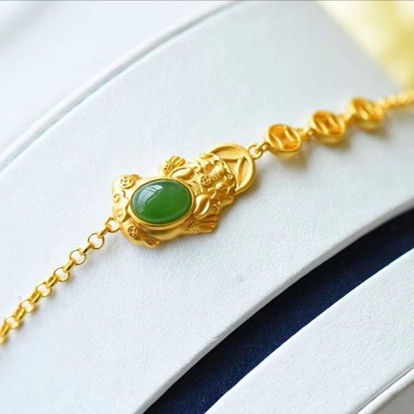 New natural green Hetian chalcedony golden frog ingot bracelet