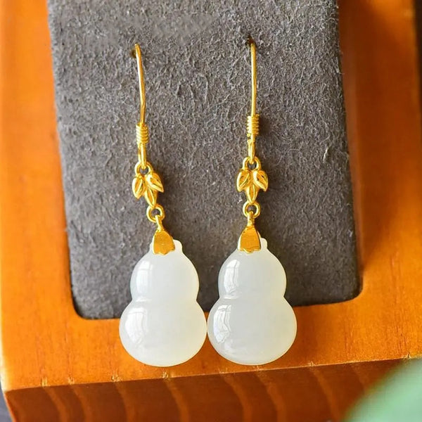 Classic Design Ancient Method Gold Craft Leaf Natural Hetian Jade Gourd Long Earrings