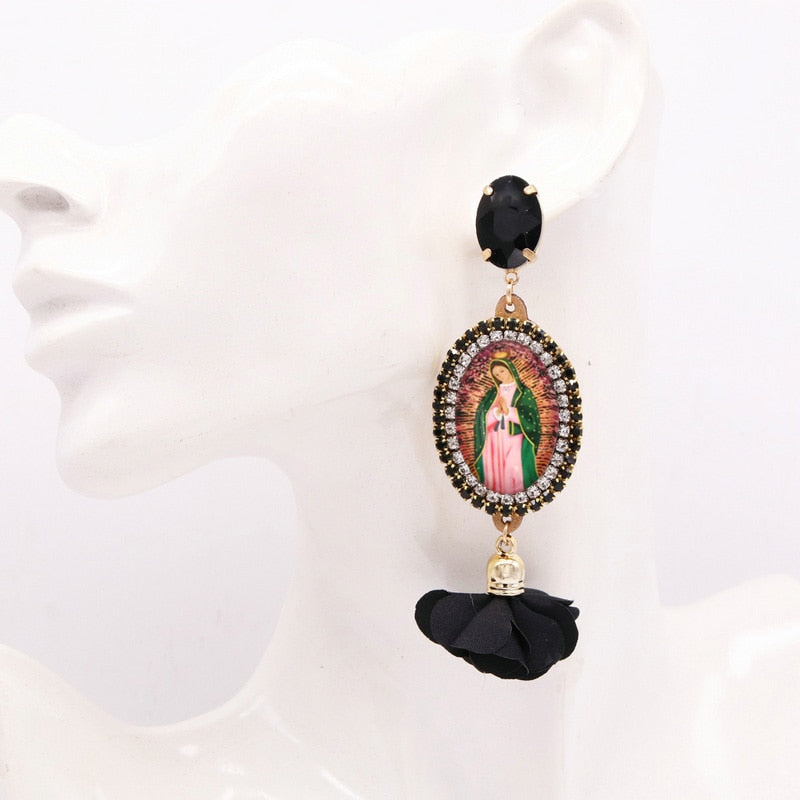 Bohemian Flower Earrings For Women Virgin Mary Earrings Angel Pendant Rhinestone Earrings