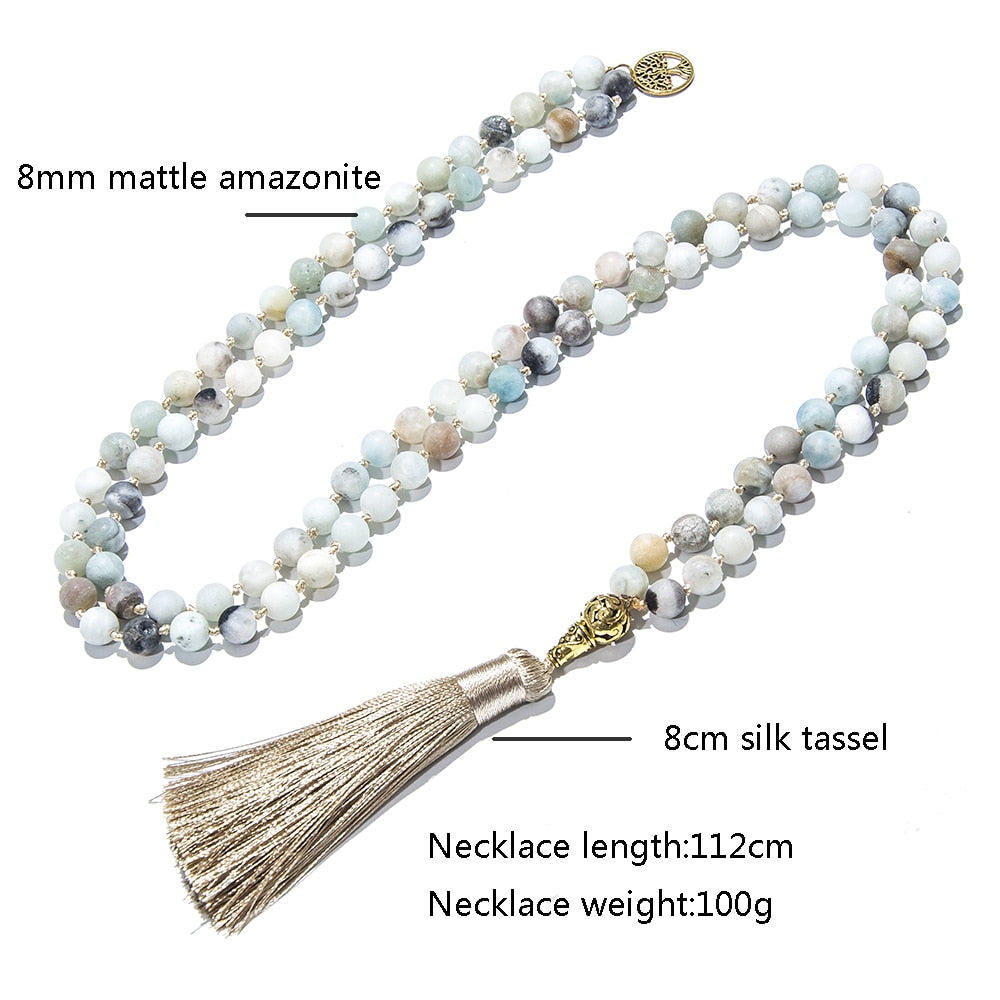 8mm Matte Amazonite Knotted Necklace 108 Mala Beads Necklace