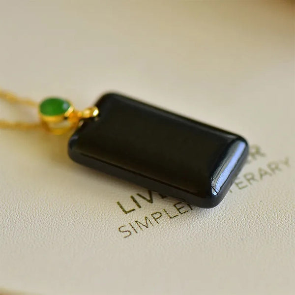 silver inlaid natural Hetian ink jade rectangular neckalce for woman