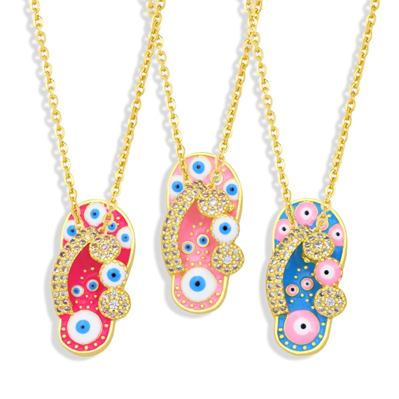 CZ Pave Rhinestone Enamel Slipper Necklace For Women Blue Evil Eye Pendant Necklace