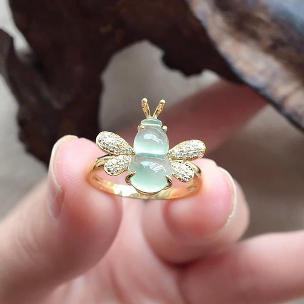 Inspired design natural chalcedony diamond bee opening adjustable ring