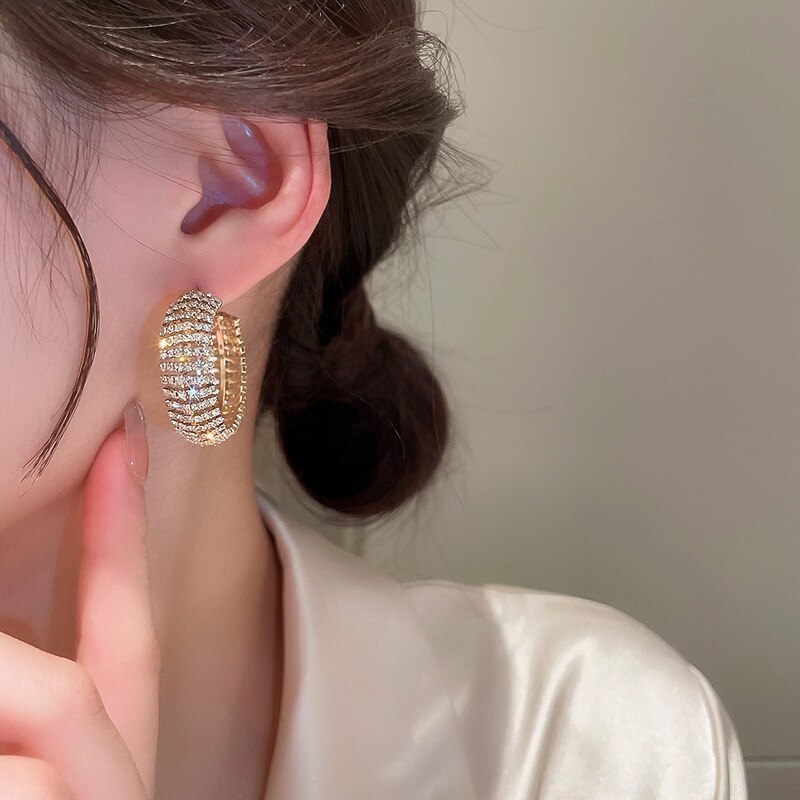 Korean Style Gold Color Hoop Earrings Geometric Rhinestones Earrings