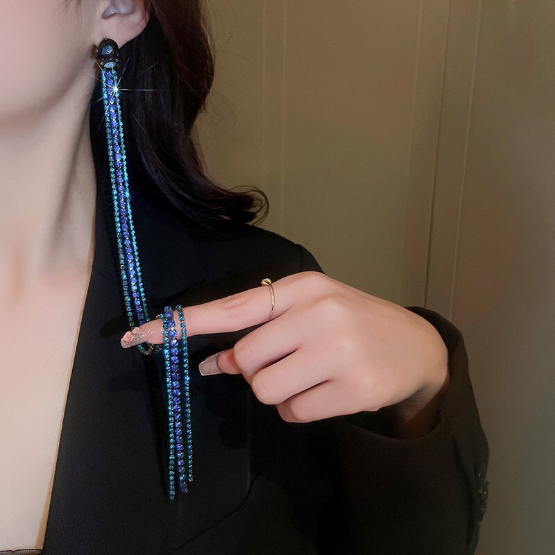 Blue Rhinestone Earrings for Women Oversize Long Tassel Crystal Dangle Earrings