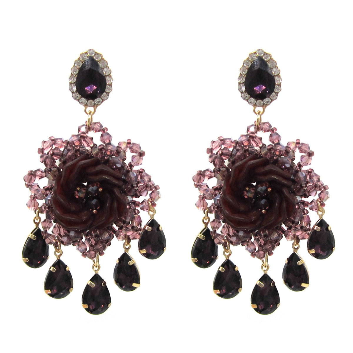 Statement Handmade Crystal Flower Big Drop Earrings for Women