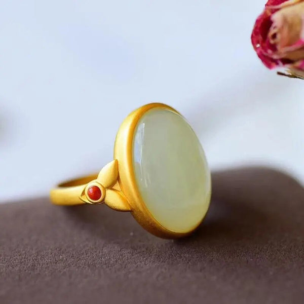 Classic Natural Hetian White Jade Oval Open Adjustable Ring