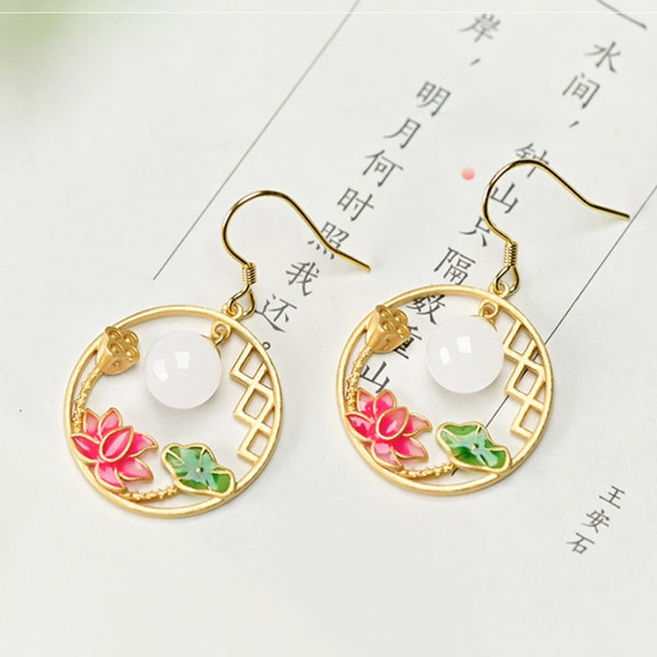 Natural Hetian white jade round beads enamel porcelain lotus earrings for women