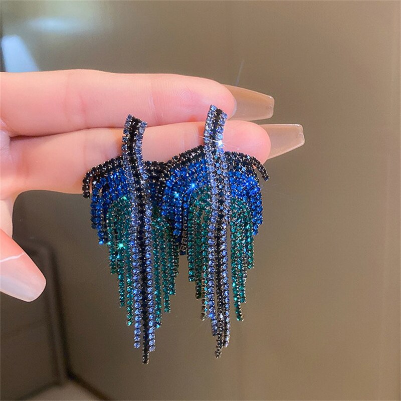 Long Tassel Drop Earrings for Women 3 Style Blue Rhinestone Dangle Earrings