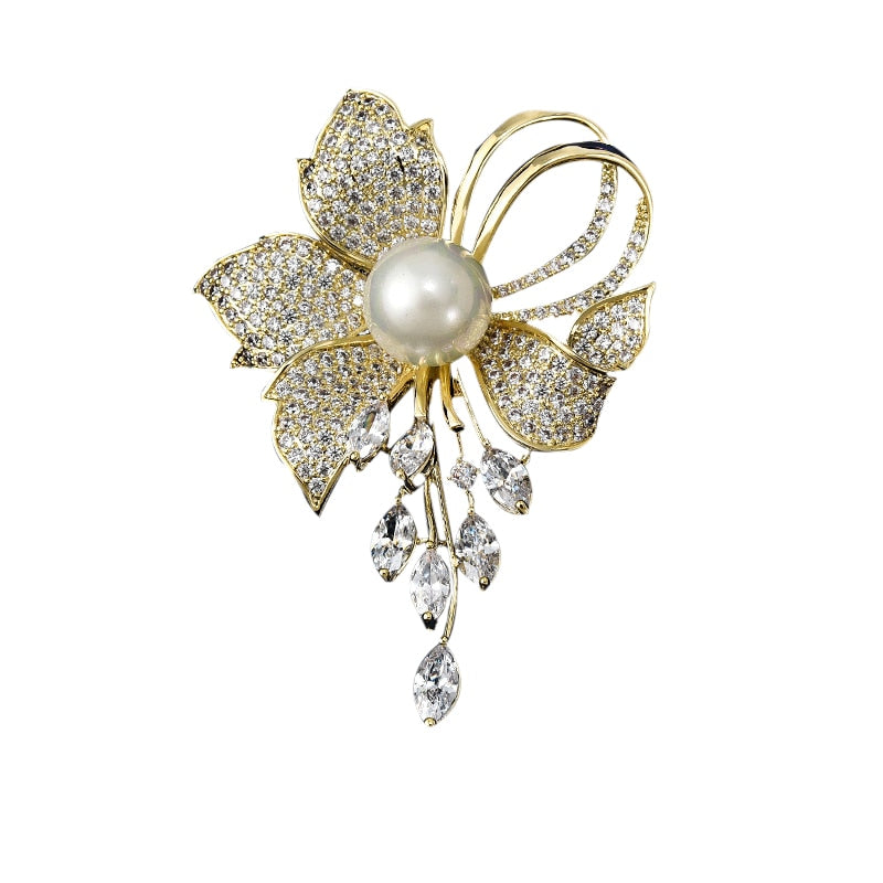 Copper Micro-Set Cubic Zirconia Luxury Flowers Imitation Pearl Brooch