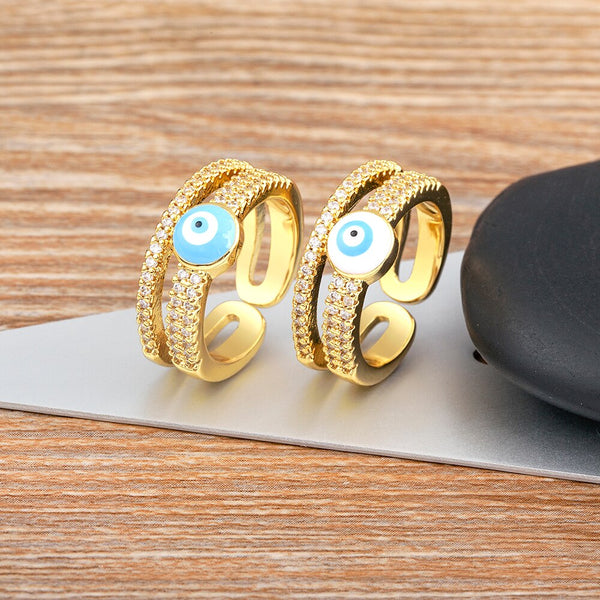 Real Gold Plated Double Layer Zircon Evil Eye Opening Adjustable Ring