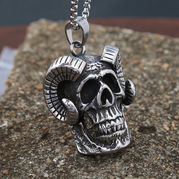 Vintage Stainless Steel Satan Skull Pendant Necklace