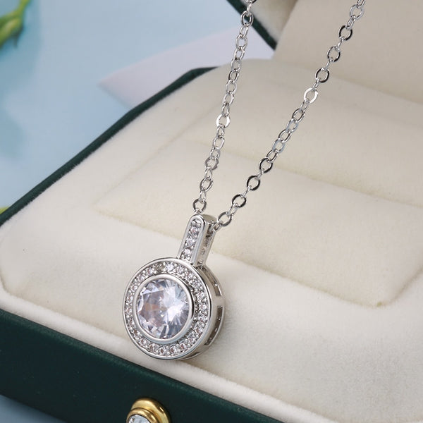 New Luxury Zircon Necklaces Silver Color Round Pendant Necklaces