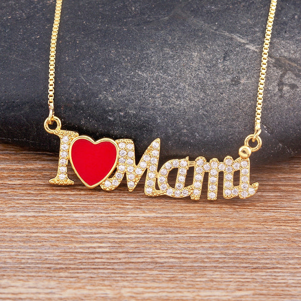 New Design Enamel Heart Shape Pendant Mama Letter Crystal Zircon Necklace Women