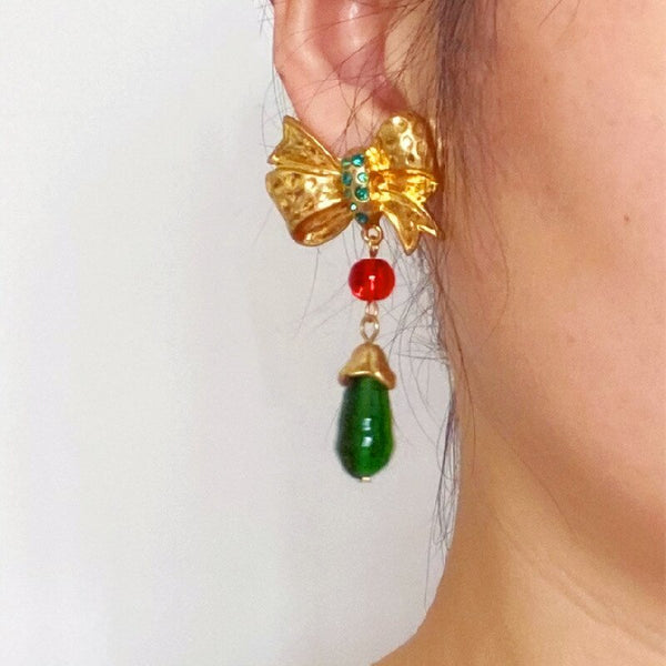 Vintage Statement Green Water Drop Crystal Bowknot Drop Dangle Earrings For Women