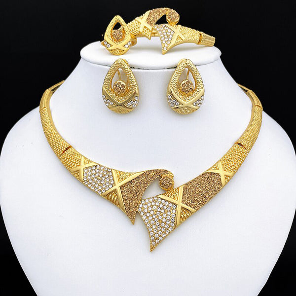 Italian Gold Color Jewelry Set Women Necklace And Earrings Big Bracelet