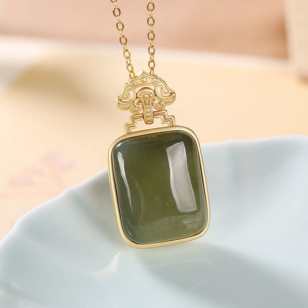 New inlaid natural Hetian green chalcedony square pendant necklace