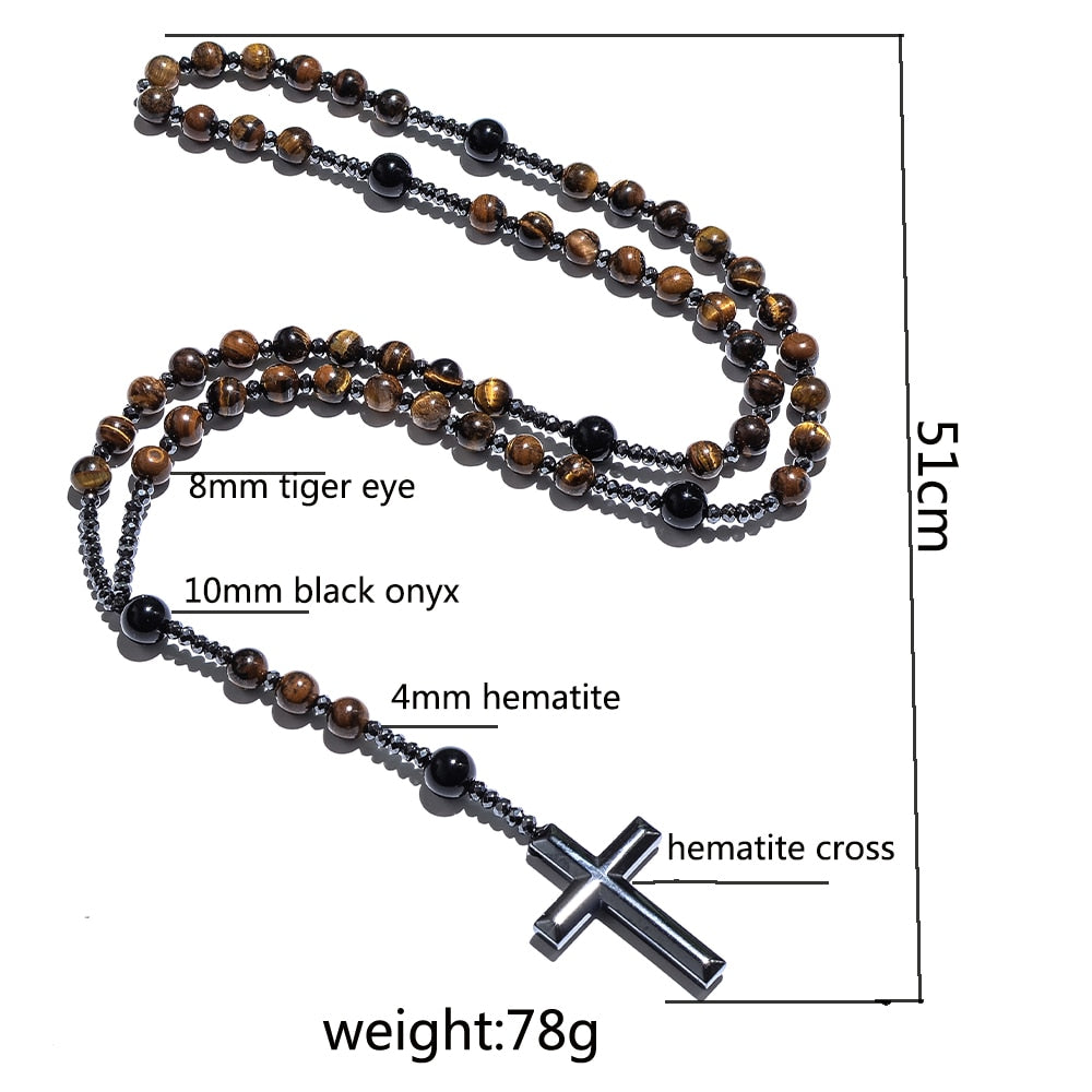 8mm Natural Stone Bead Hematite Cross Pendant For Men Women