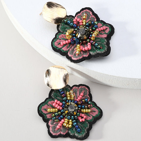 Vintage Flower Beads Handmade Weave Statement Jewelry Big Dangle Drop Earrings For Women