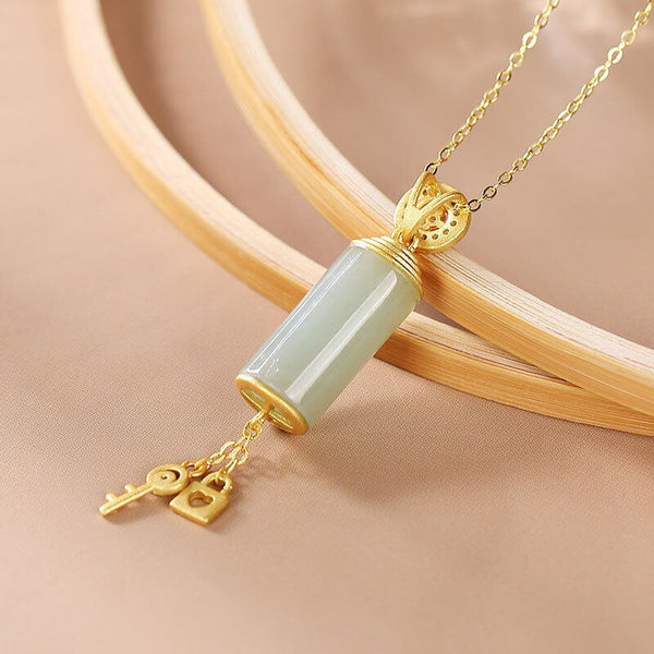 New silver inlaid natural Hetian white Chalcedony column Pendant Necklace