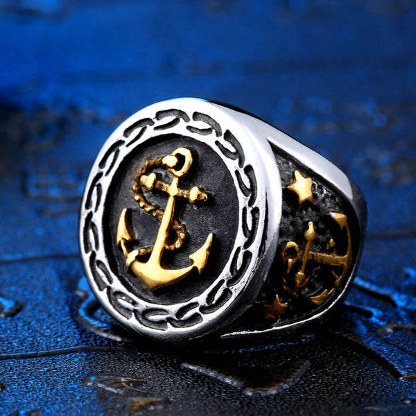 Vintage Viking Anchor Ring For Men Boy Punk Hip Hop Anchor Seal Steel/Gold Color Viking Ring