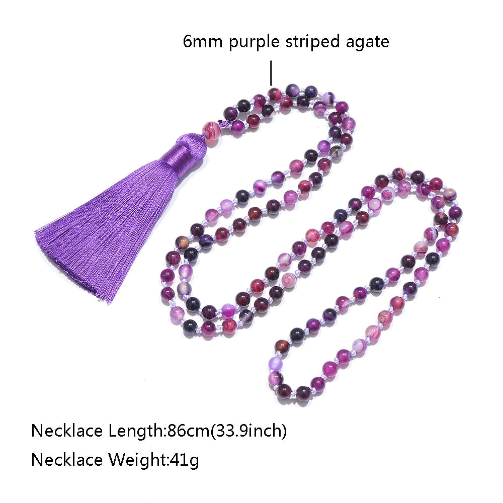 6mm Purple Striped Agate Beads Knotted 108 Mala Necklace