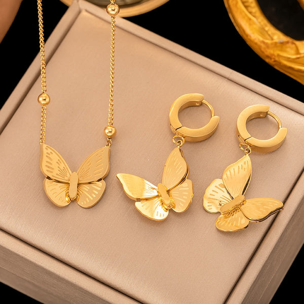 Gold Color Elegant Charm Butterfly Pendant Necklace EarringsFor Women