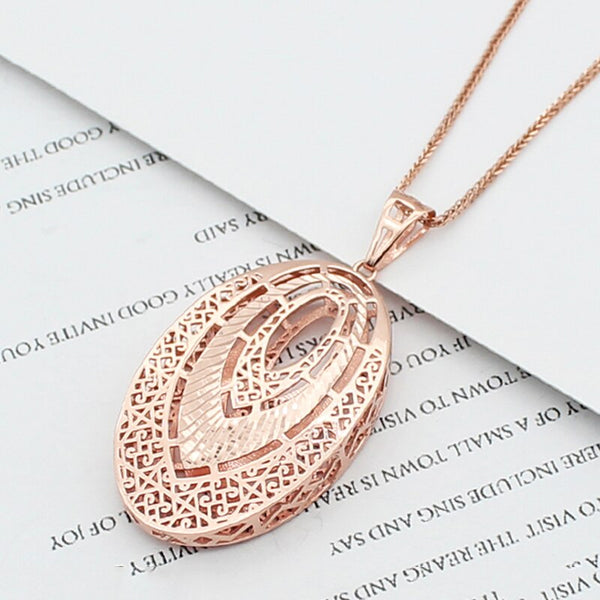 585 purple gold plated 14K rose gold double hollow oval pendant charm necklace