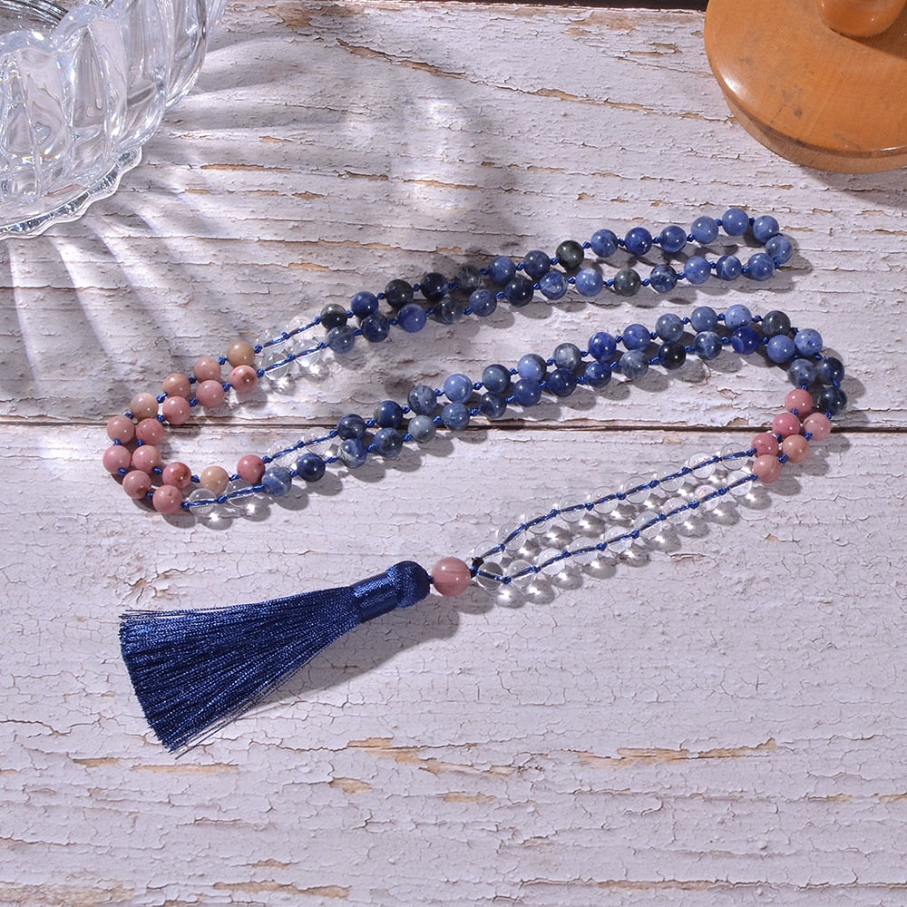 8mm Sodalite Rhodolite Beads Knotted 108 Mala Necklace