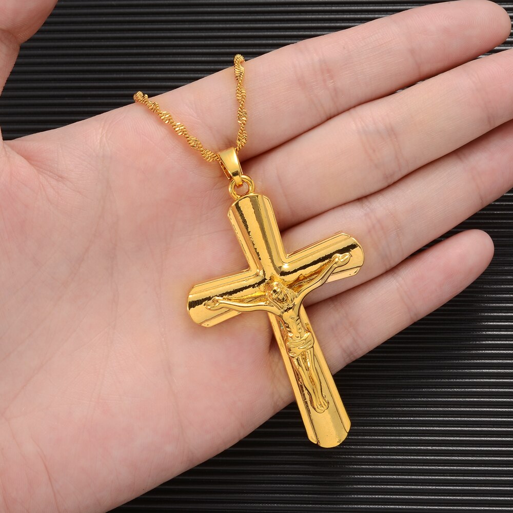 24k Fashion Big Cross Jesus Twisted Wave Necklace for Men