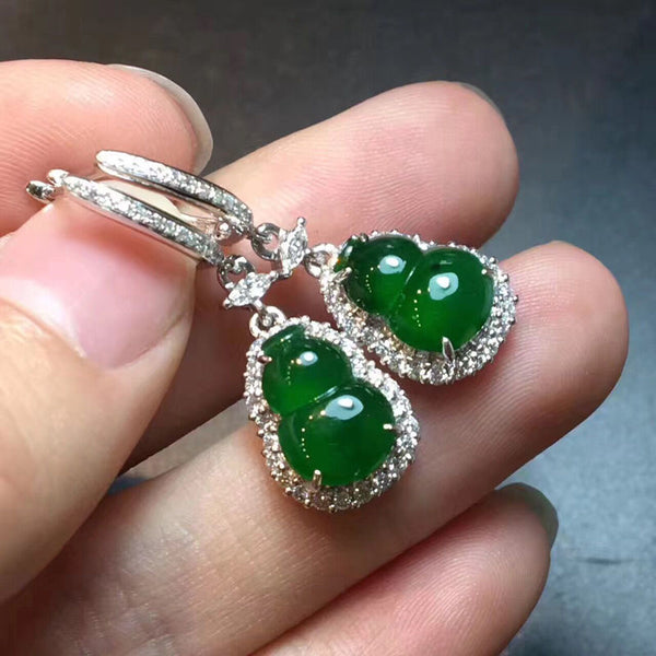 silver inlaid full of diamonds natural chalcedony green gourd earrings