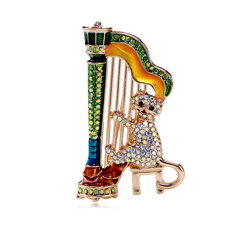 Playing Harp Cat Brooch Cute Funny Cartoon Pin Animal Design Jewelry