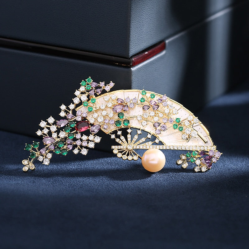 Copper Micro Inlaid Cubic Zirconia Elegant Retro Chinese Fan Brooch