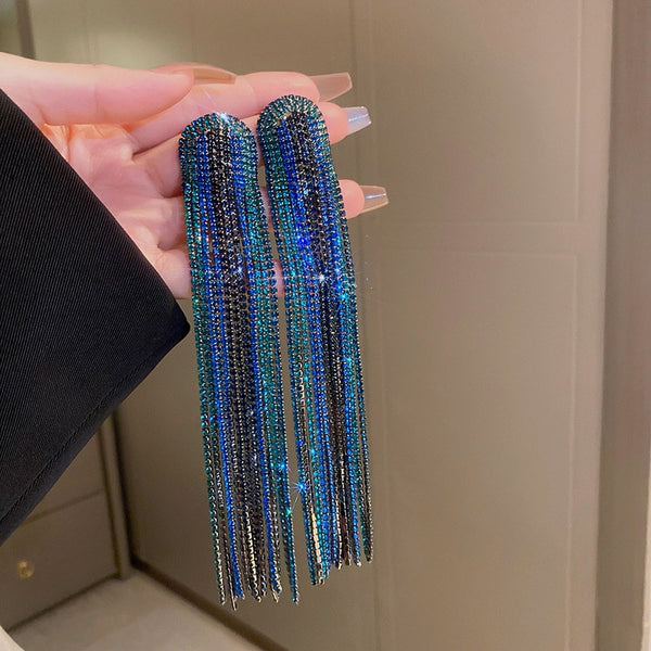 New Long Tassel Blue Full Rhinestone Drop Earrings for Women