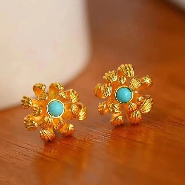 Three-dimensional design ancient gold craft inlaid turquoise flower Earings