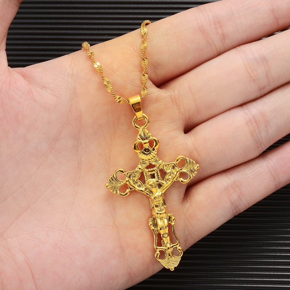 24k Fashion Big Cross Jesus Twisted Wave Necklace for Men