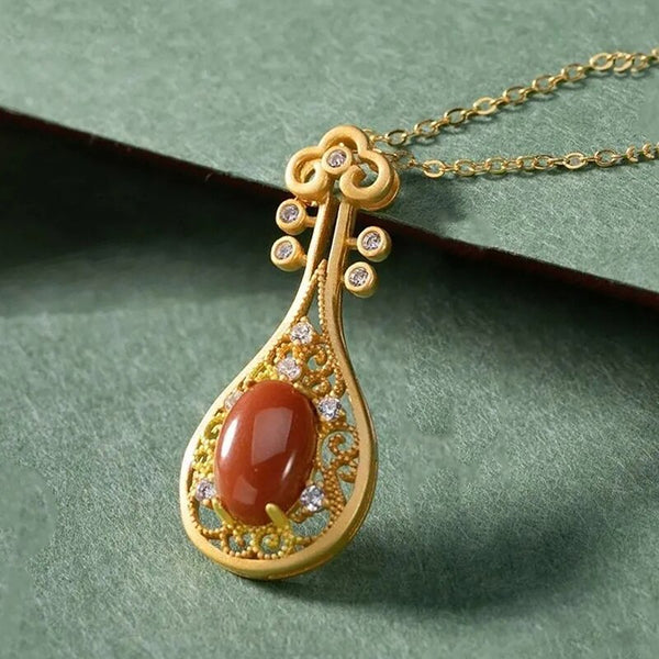 Original Design Southern Red Tourmaline Pipa Necklace Ladies Pendant