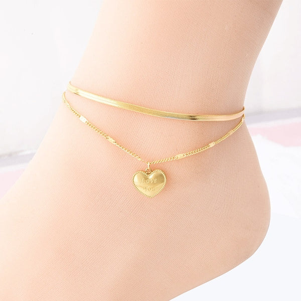 Fashion  Carving Love You Heart Shape Charm 2 Layer Snake Bone Chain Anklet For Women