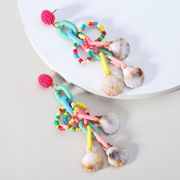 Bohemian Summer Beach Shell Acrylic Chain Beads Long Dangle Drop Earrings For Women