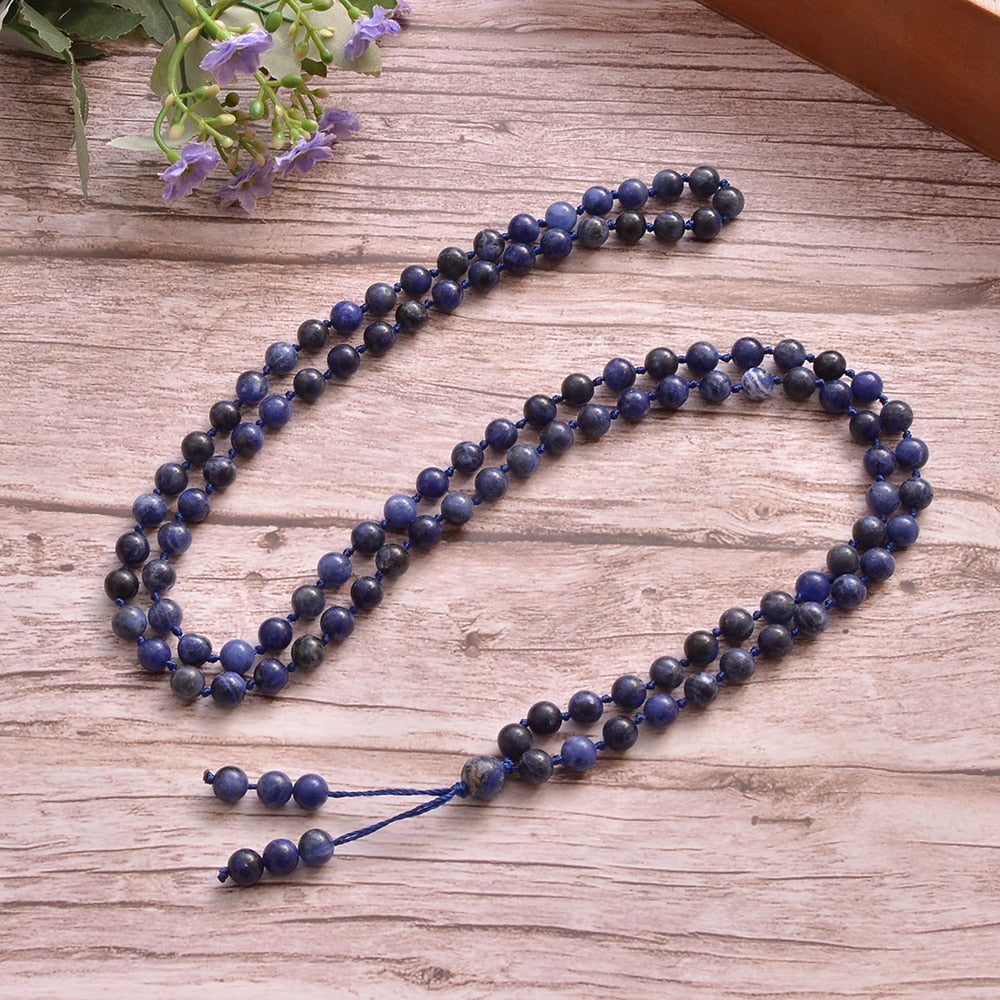 8mm Sodalite Beaded Knot 108 Mala Prayer Bead Necklace