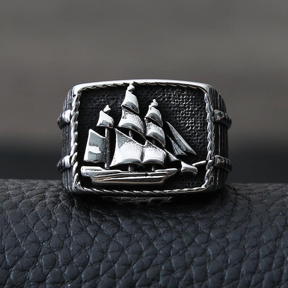 Vintage Viking Pirate Sailboat Ring Men Biker Ring Stainless Steel Viking Ring