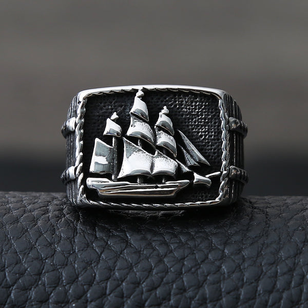 Vintage Viking Pirate Sailboat Ring Men Biker Ring Stainless Steel Viking Ring