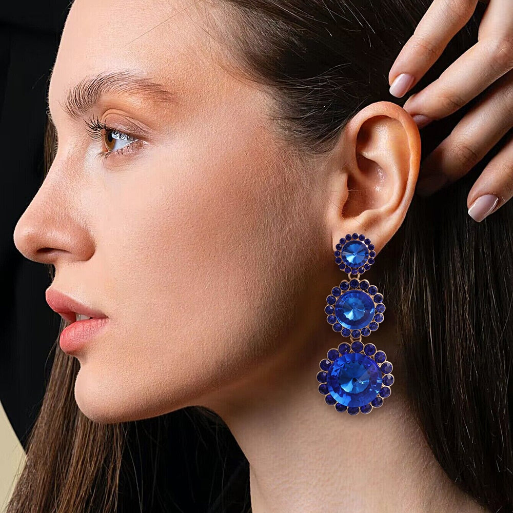 New Luxury Blue Rhinestone Dangle Earrings Statement Long Pendant Round Earrings For Women