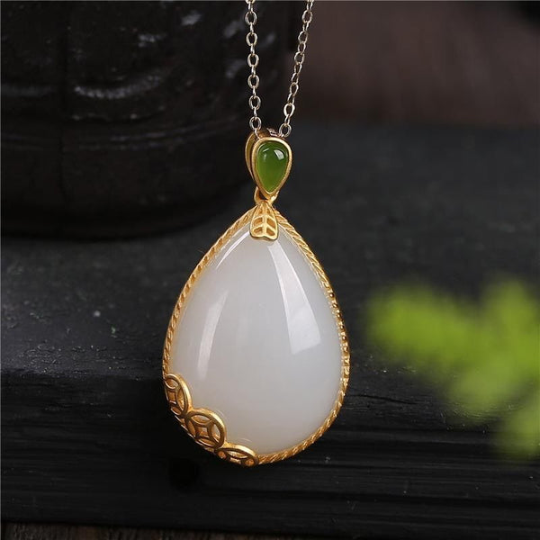 Silver Natural Hetian White Chalcedony Drop Shape Pendant