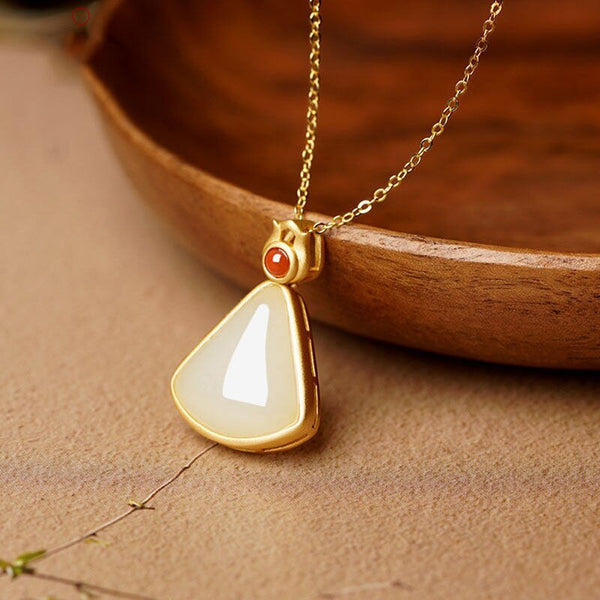 Natural Hetian white jade geometric fan-shaped Pendant Necklace