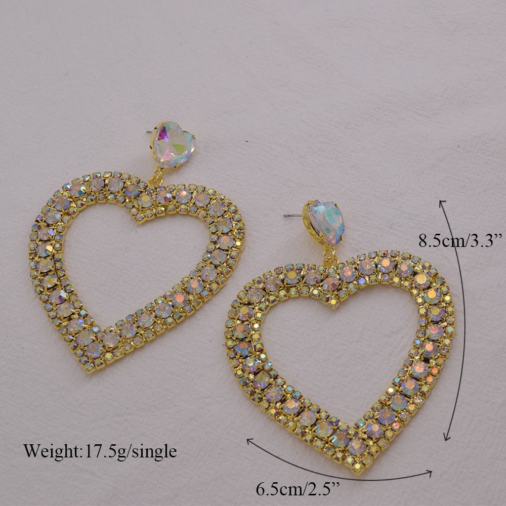 8.5cm Big Dangle Heart Earrings for Women Wedding Jewelry AB Rhinestones Crystal Cute Gift