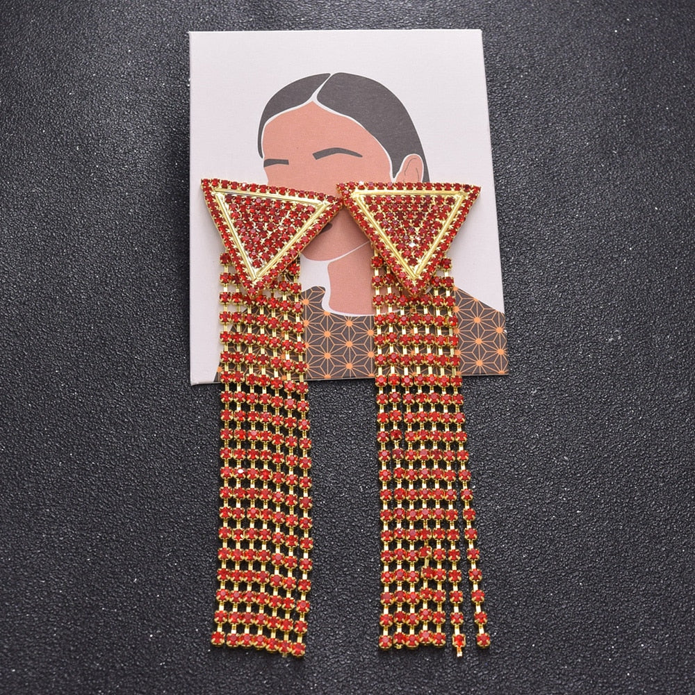 11.8cm Exaggerated triangular metal rhinestones tassel big women earrings