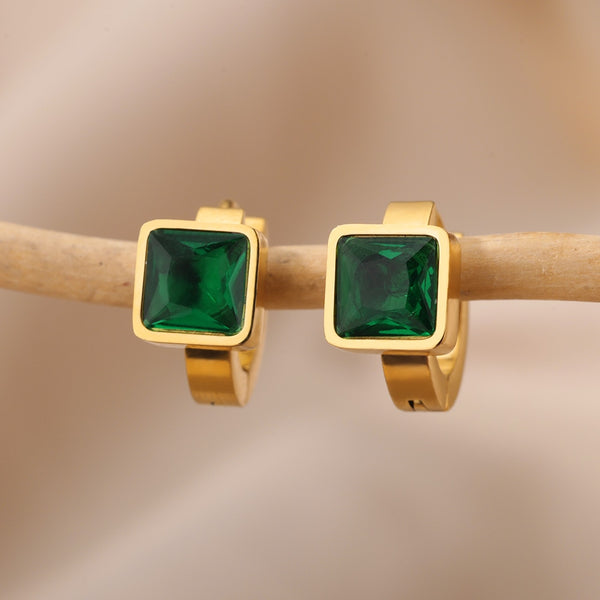 Green Geometric Square Zircon Hoop Earrings Stainless Steel Round Female Earrings