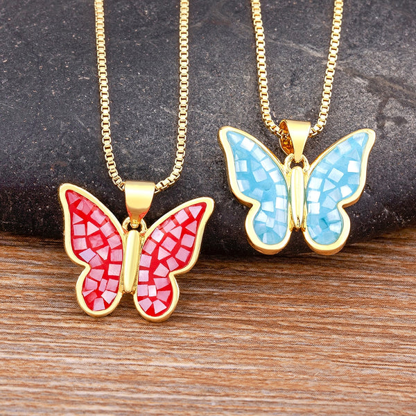 Classic Lucky Butterfly 5 Colors Shell Rhinestone Pendant Cubic Zirconia Necklace Women