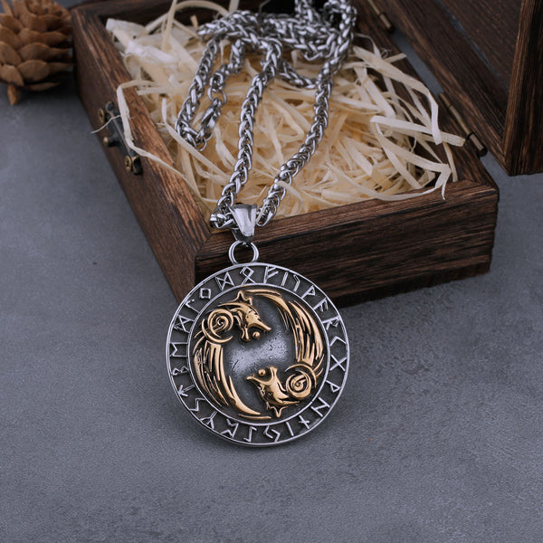 Vintage Viking Wolf Head Necklace Stainless Steel Men's Odin Rune Hip Hop Amulet Pendant